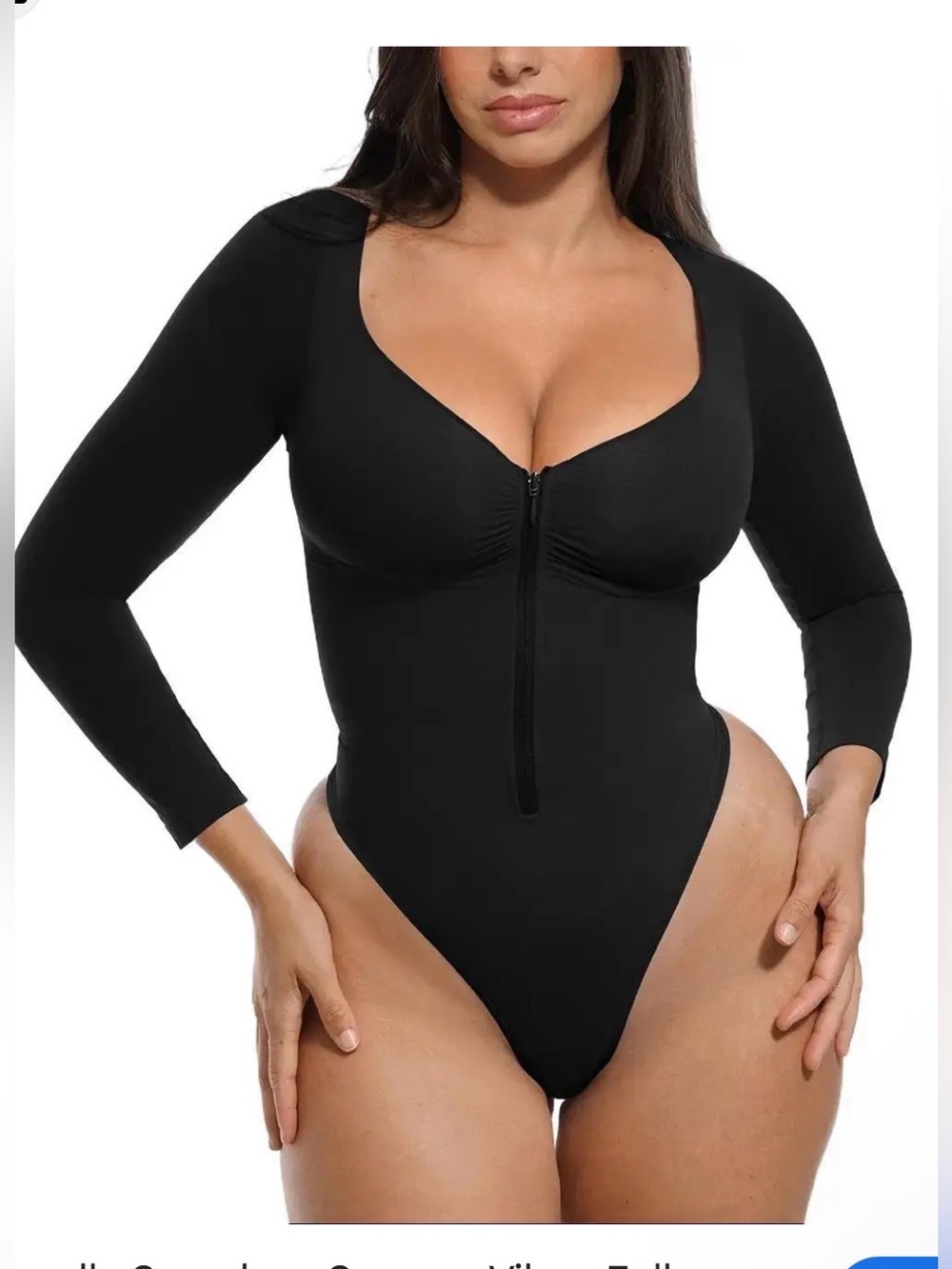Shapellx Black Long Sleeve Shapewear Bodysuit Top with Front Zip